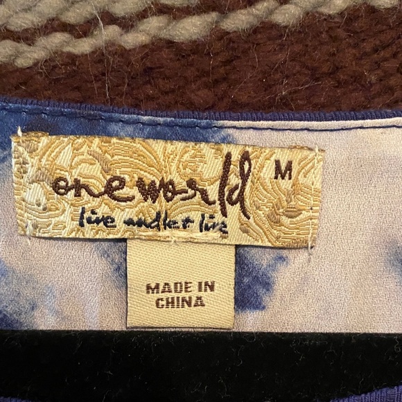 5 for $30 ONE WORLD Purple Blouse with Blue Patterned Hem - Picture 3 of 4